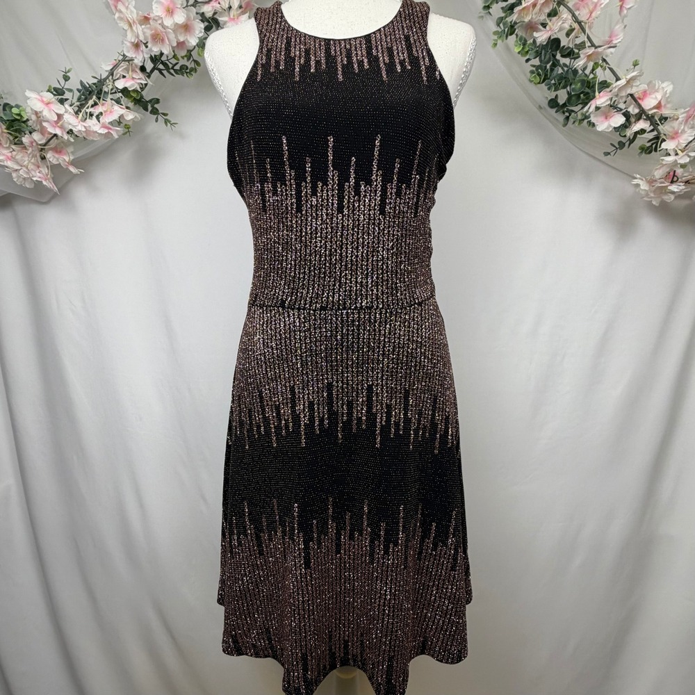 Social Code Metallic Rose Gold Black Drip Dress L Halter Keyhole H225701